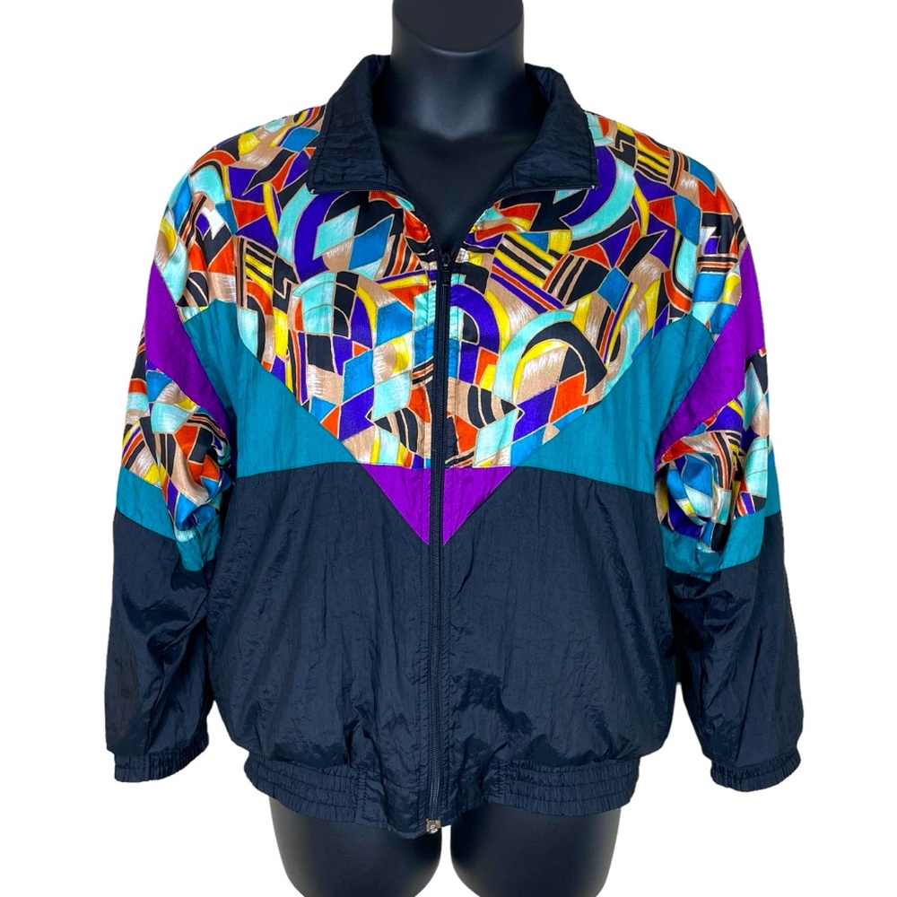Bocoo Vintage 80s Oversized Nylon Windbreaker Abstract  Black Teal Purple Size M